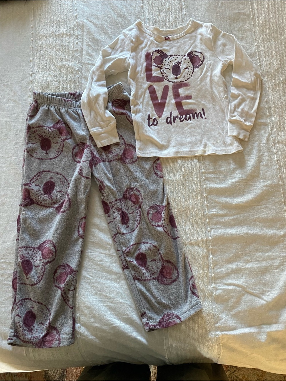 Carter's Girls 5 White Top and Purple Koala Pajama Set